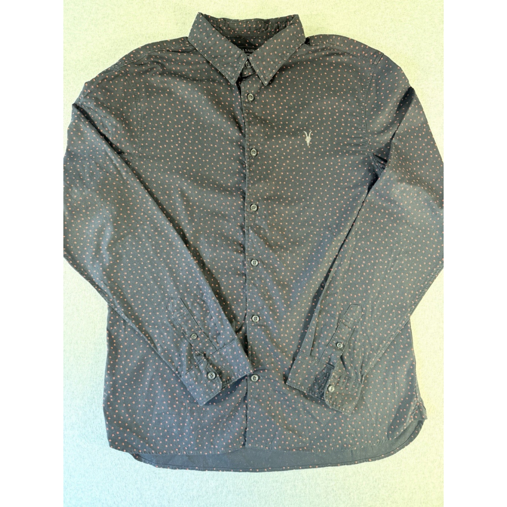 AllSaints Mens Medium Black Red Micro Print Ramskull Button Shirt